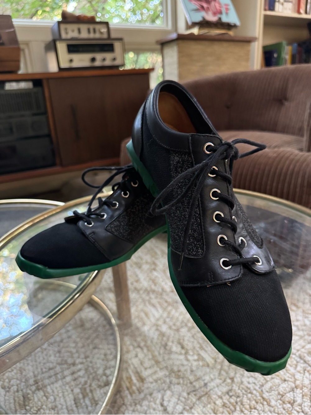 John Fluevog Black and Green Lace-Up Oxfords